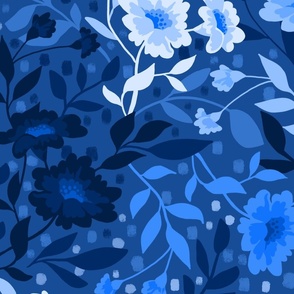 Floral Blue Monochromatic graphic botanical design Large