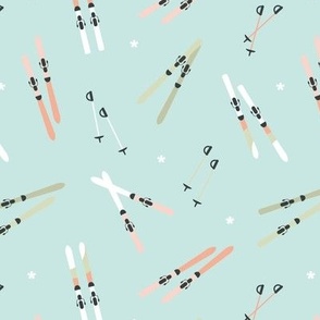 Winter adventures - minimalist style skies and snowflakes winter sport ski resort theme sage green peach orange on sea foam green