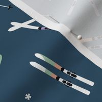 Winter adventures - minimalist style skies and snowflakes winter sport ski resort theme mint peach lilac on marine blue night