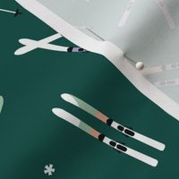 Winter adventures - minimalist style skies and snowflakes winter sport ski resort theme mint lilac peach on pine green