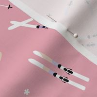 Winter adventures - minimalist style skies and snowflakes winter sport ski resort theme girls blush lilac on pink
