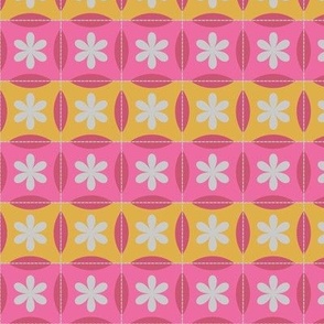 Snow Bunny-A Floral Quilted Tile Stripe-Canary-Groovy Pink-Strawberry Moon-Medium Scale