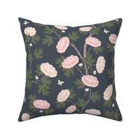 Botanical Pink Peony Flower Chinoiserie with Gold Green Leaves on Charcoal Gray 