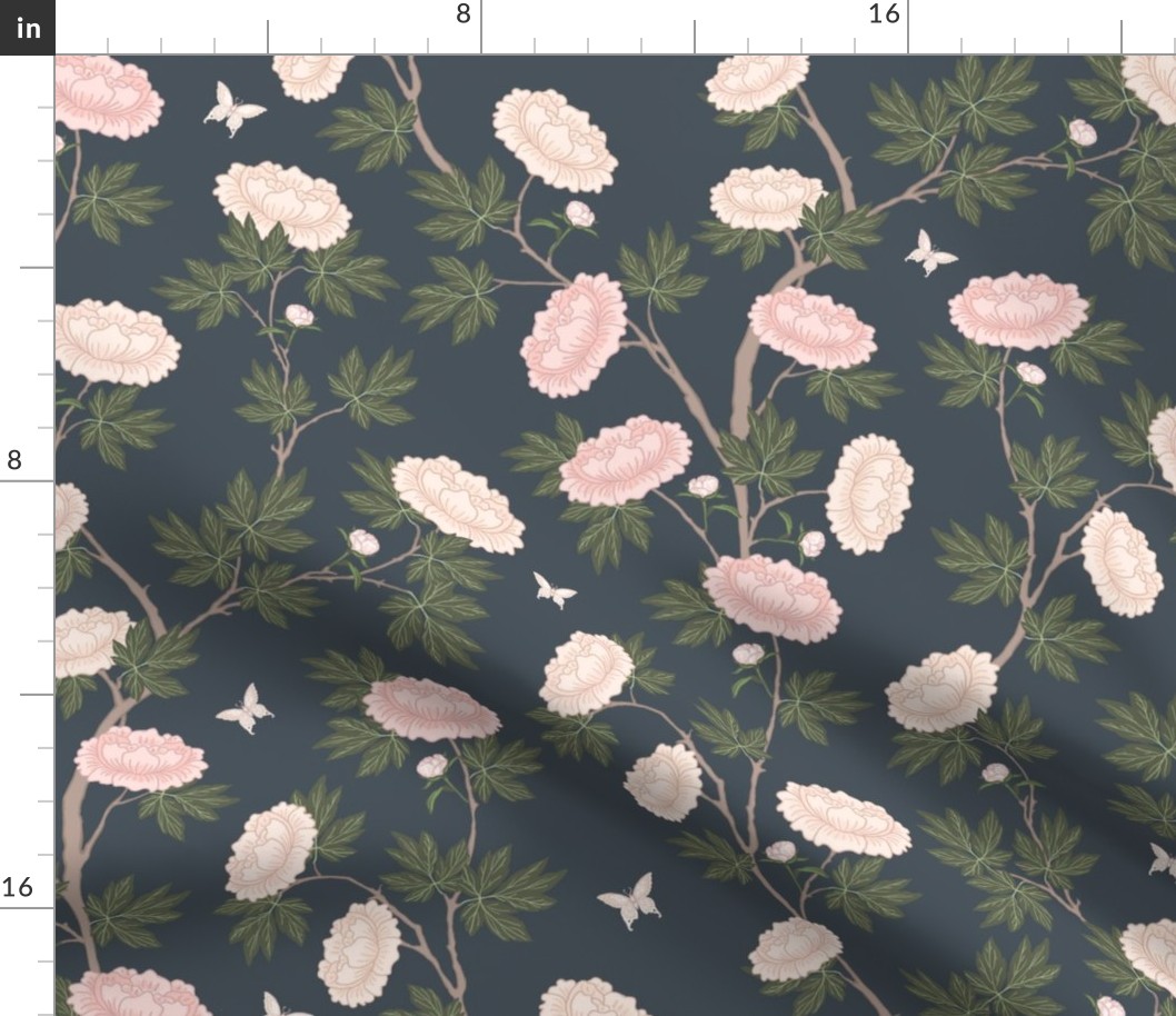 Botanical Pink Peony Flower Chinoiserie with Gold Green Leaves on Charcoal Gray 