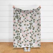 Botanical Pink Peony Flower Chinoiserie with Gold Green Leaves on Silver Gray