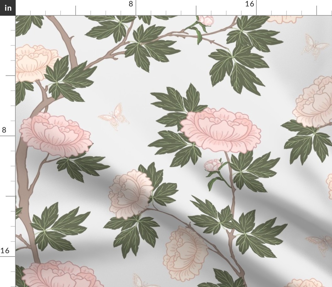 Botanical Pink Peony Flower Chinoiserie with Gold Green Leaves on Silver Gray