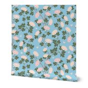 Botanical Pink Peony Flower Chinoiserie with Gold Green Leaves on Aqua Blue
