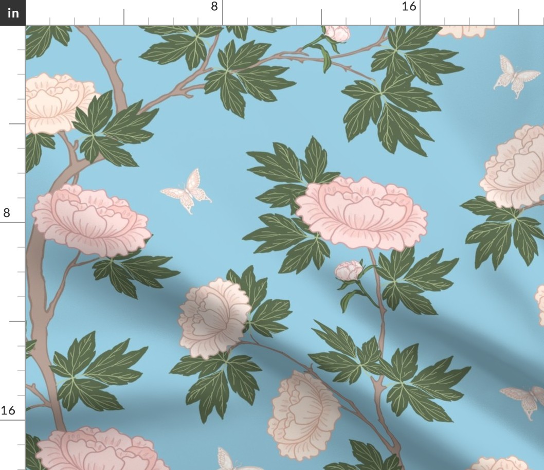 Botanical Pink Peony Flower Chinoiserie with Gold Green Leaves on Aqua Blue
