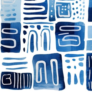 rustic watercolor shapes blue on white - large scale
