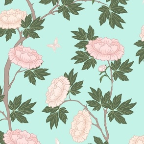 Botanical Pink Peony Flower Chinoiserie with Green Leaves on Mint 