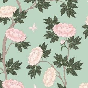 Botanical Pink Peony Flower Chinoiserie with Gold Green Leaves on Celadon Green