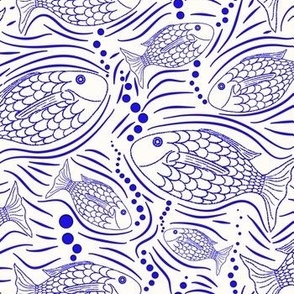 Blue Swimming Fish, Block Print Look