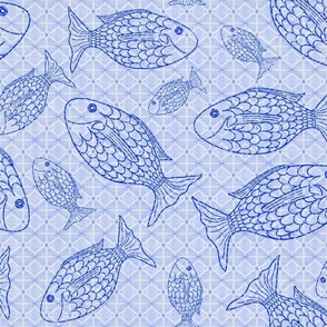 Blue Fish with Fins, Patterned Background