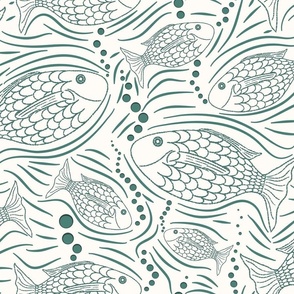 Green Swimming Fish with Block Print Look