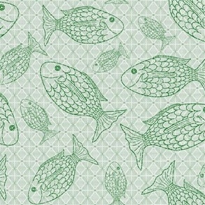 Green Fish with Fins, Patterned Bkgrnd, Medium