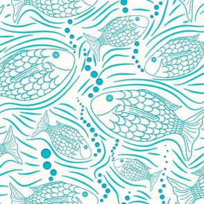 Bright  Blue Swimming Fish, Block Print Style