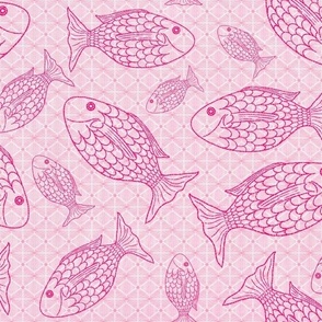 Red Fish with Fins, Patterned Background