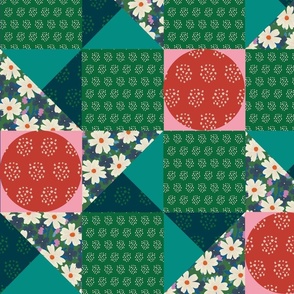 Molly's patchwork christmas cheater quilt - green (Larger 5"squares) - Greens, pink, red and blue in this  quilt design with florals and dappled circles.