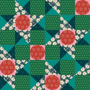 Molly's patchwork christmas cheater quilt  (green, red, blue and turqoise) (smaller 2.5" squares) - Greens, pink, red and blue in this  quilt design with florals and dappled circles.