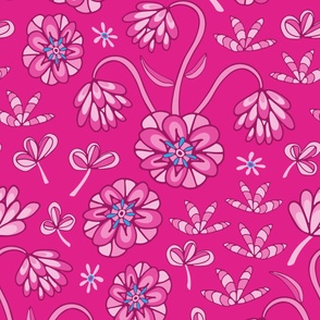ABLOOM Boho Garden Floral Barbiecore Botanical in Monochromatic Barbie Fuchsia Hot Pink with Blue - JUMBO Scale - UnBlink Studio by Jackie Tahara
