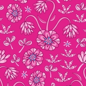 ABLOOM Boho Garden Floral Barbiecore Botanical in Monochromatic Barbie Fuchsia Hot Pink with Blue - MEDIUM Scale - UnBlink Studio by Jackie Tahara
