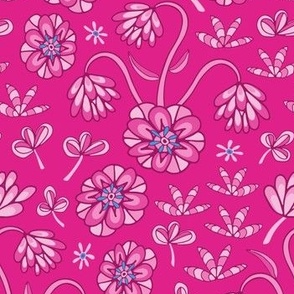 ABLOOM Boho Garden Floral Barbiecore Botanical in Monochromatic Barbie Fuchsia Hot Pink with Blue - SMALL Scale - UnBlink Studio by Jackie Tahara