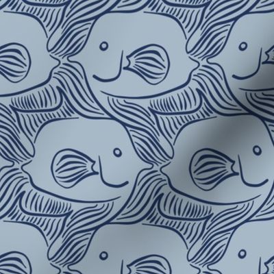 Tessellating Angel Fish in Monochrome Classic Navy and Blue Gray