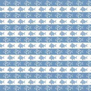 block print fish on a light marine blue and white wide stripe