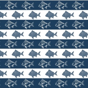 block print fish on a dark navy blue and white wide stripe