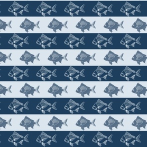 block print fish on navy blue and white wide stripe