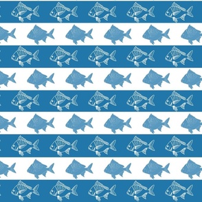 block print fish on a dark marine blue and white wide stripe