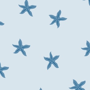 Hand drawn starfish summer beach nautical  dark navy on pale denim blue 