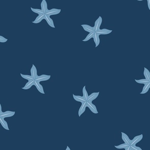 Hand drawn starfish summer beach nautical dark navy and pale  denim blue 