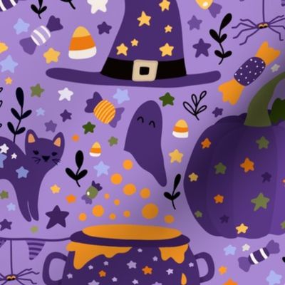 Cauldrons and Witches hats on Purple