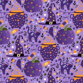 Cauldrons and Witches hats on Purple
