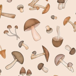 Mushrooms Brown on Beige Non-Directional Large 12"