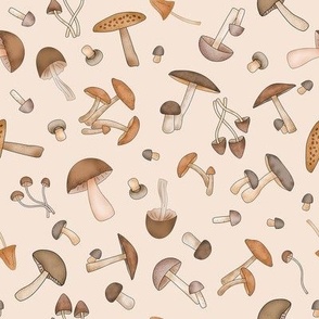 Mushrooms Brown on Beige Non-Directional Medium 8"