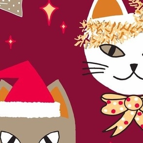 445 - Jumbo scale Christmas Cats and kittens with Santa Hats, Xmas lights, bowties, tinsel and stars in golden mustard, cherry red, taupe  for cute baby apparel, kids, children,, pajamas, festive dress, kids parties, festive table cloths, table runners, t