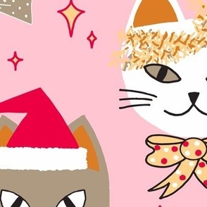 445 - Jumbo scale Christmas Cats and kittens with Santa Hats, Xmas lights, bowties, tinsel and stars in golden mustard, cherry red, taupe and snow white on candy pink background - for table linen, bed linen, tree skirts, kids apparel, pajamas, baby's firs