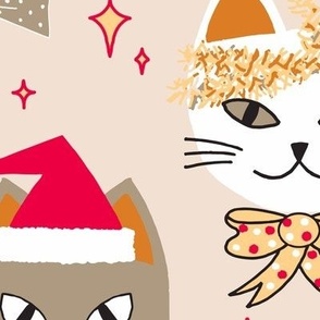 445 - Jumbo scale Christmas Cats and kittens with Santa Hats, Xmas lights, bowties, tinsel and stars in golden mustard, cherry red, taupe and snow white on cream background - for table linen, bed linen, tree skirts, kids apparel, pajamas, baby's first Chr