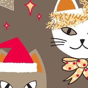 445 -  Jumbo scale Christmas Cats and kittens with Santa Hats, Xmas lights, bowties, tinsel and stars in golden mustard, cherry red, taupe and snow white on tan background - for table linen, bed linen, tree skirts, kids apparel, pajamas, baby's first Chri