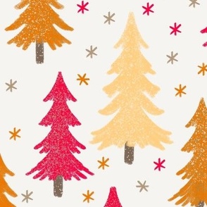 444 - Large scale pine fir Christmas trees  in hot pink, pretty mustard and soft pastel yellow with snowy textures and twinkling stars, for chilcren/kids apparel, festive pjs, holiday loungewear, gift bags, patchwork, kids crafts and sewing prjects.