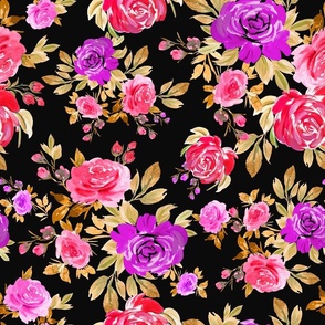 Bright Pink and Purple Roses Black Background
