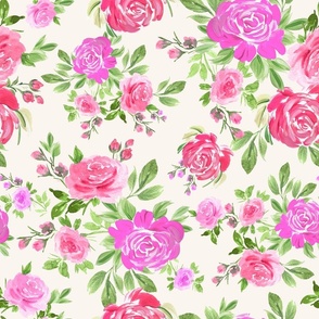 Bright Pink and Purple Roses Ivory Background