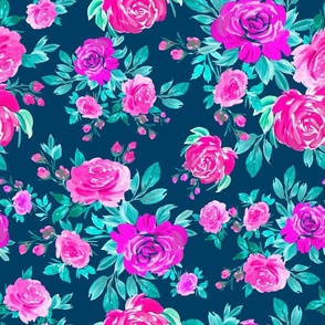 Bright Pink and Purple Roses Teal Background