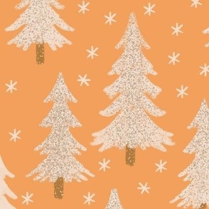 444 $ - Large scale pine fir Christmas trees  in pretty soft pinky orange and taupe with snowy textures and twinkling stars, for chilcren/kids apparel, festive pjs, holiday loungewear, gift bags, patchwork, kids crafts and sewing prjects.