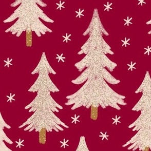 444 - Large scale pine fir Christmas trees  in magnificent maroon and off white with snowy textures and twinkling stars, for chilcren/kids apparel, festive pjs, holiday loungewear, gift bags, patchwork, kids crafts and sewing prjects.