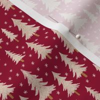 444 - Small scale pine fir Christmas trees  in magnificent maroon and off white with snowy textures and twinkling stars, for chilcren/kids apparel, festive pjs, holiday loungewear, gift bags, patchwork, kids crafts and sewing prjects.