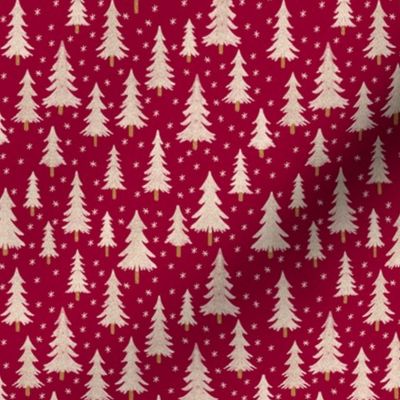 444 - Small scale pine fir Christmas trees  in magnificent maroon and off white with snowy textures and twinkling stars, for chilcren/kids apparel, festive pjs, holiday loungewear, gift bags, patchwork, kids crafts and sewing prjects.