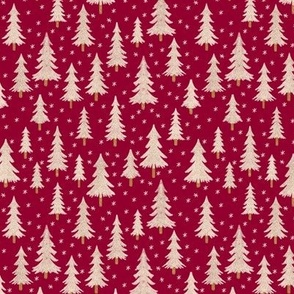 444 - Small scale pine fir Christmas trees  in magnificent maroon and off white with snowy textures and twinkling stars, for chilcren/kids apparel, festive pjs, holiday loungewear, gift bags, patchwork, kids crafts and sewing prjects.